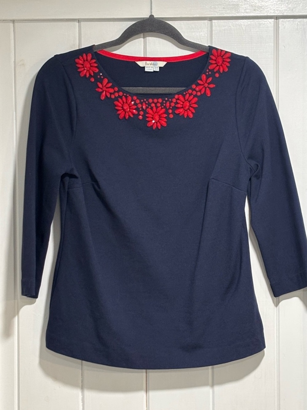 Boden Navy 3/4 Sleeve Top with Red Floral Applique, NWOT, size 12